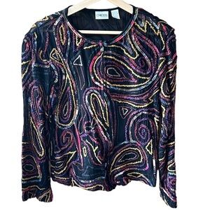 Chico’s XS Sheer Mixed Media Zippered Jacket. Ribbon Embroidered. Art to Wear